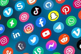 Colorful social media icons representing various platforms like Facebook, Instagram, TikTok, and Twitter on a digital background.