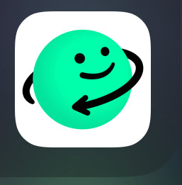 A square app icon featuring a bright green smiling face with a black arrow wrapping around it on a white background.