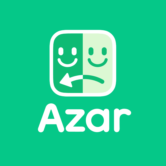 Azar app logo featuring two smiling faces on a green background, representing social connection and fun interactions.