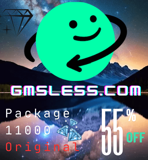 Advertisement for 11000 Gems package at 55% off from gmsless.com with a colorful mountain scene background.