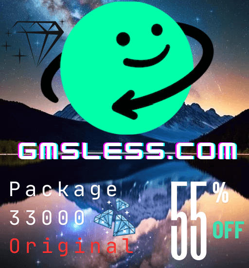 Azar top up package offers 33000 gems at 55% off, featuring gmssless.com branding and a scenic background.