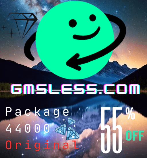 Promotional image for GMLESS, featuring 44000 gems for Azar at 55% off, with a scenic background and logo.